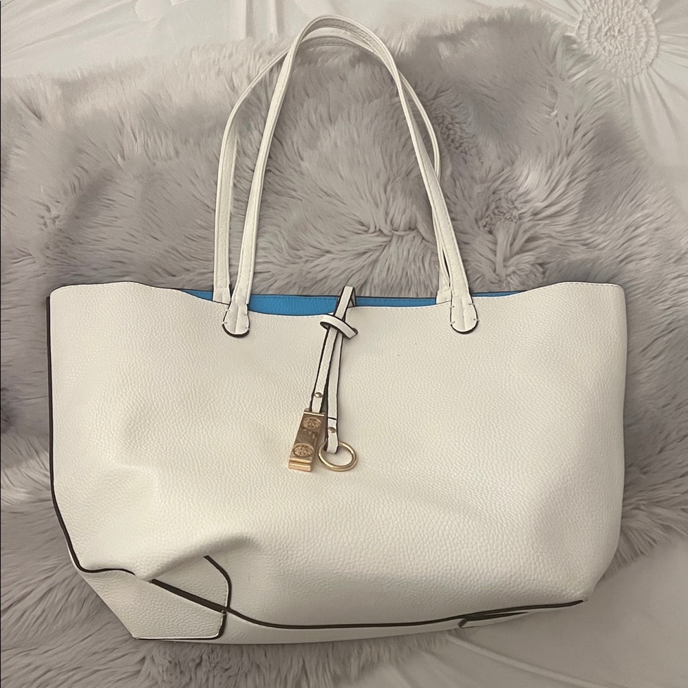 Elegant White Tote Bag with Blue Interior